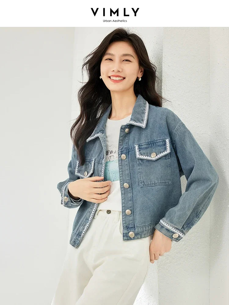 Vintage Lapel Long Sleeve Jean Jacket for Women Autumn Casual Straight Loose Denim Jackets Fall Female Clothing Denim Blue