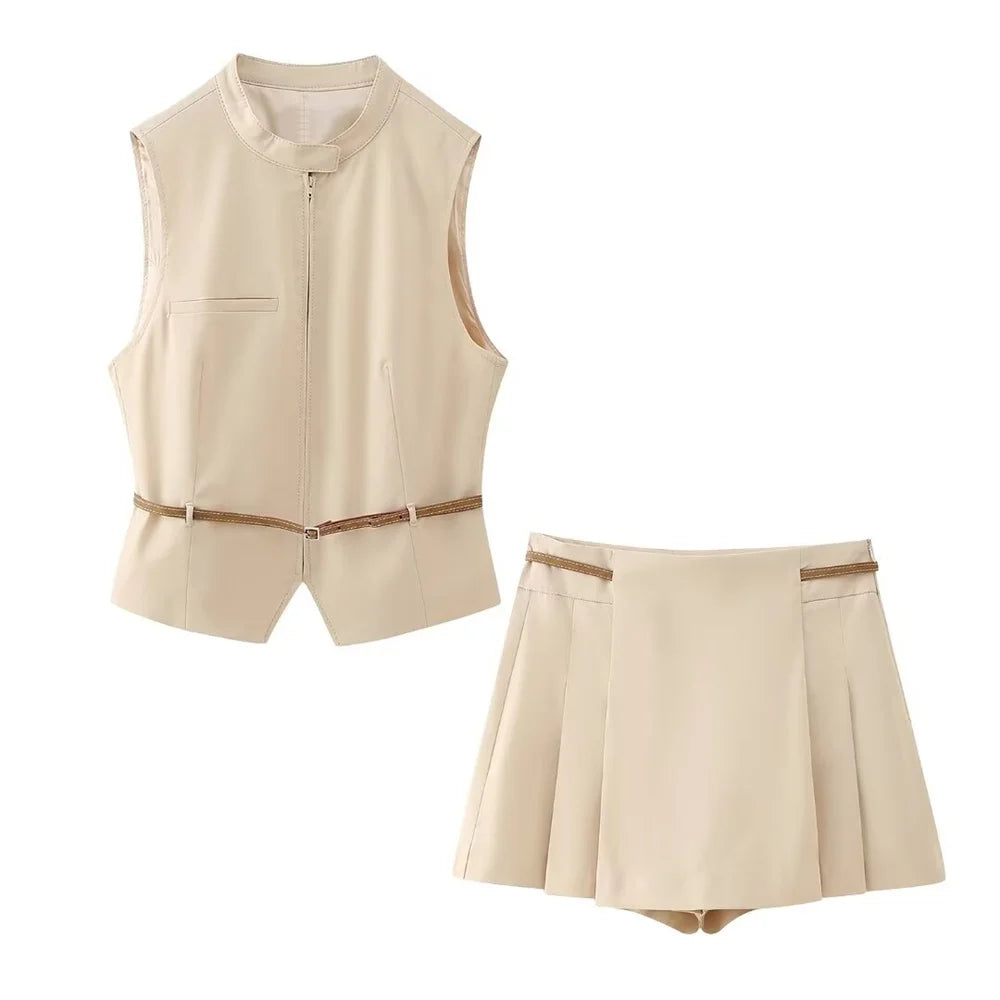 Spring/Summer Women's Fashion New Style with Belt Decoration Top&Trouser Skirt Set light yellow 1