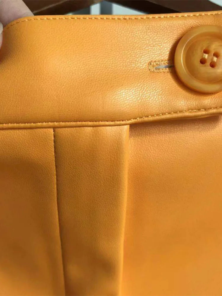 DEAT Fast Delivery New Fashion Korean Female PU Leather High Quality Mid-calf Length Spit Sexy High Waist Skirt AY095