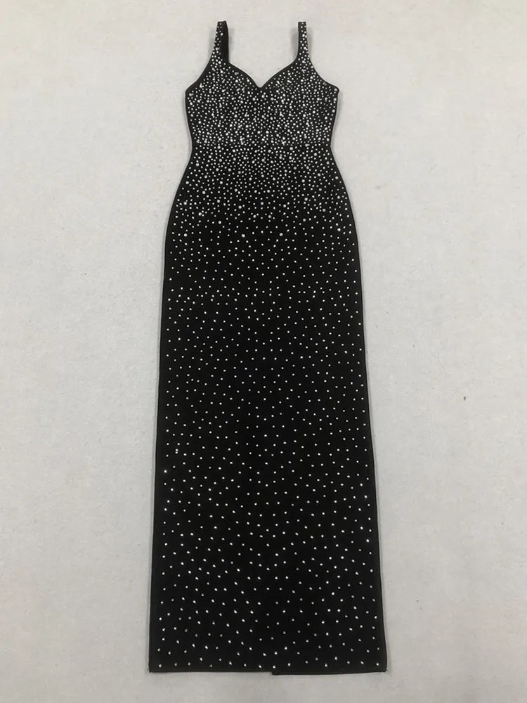 Women Sexy V Neck Diamonds Beading Black Maxi Long Celebrity Bodycon Bandage Dress 2025 Elegant Evening Club Party Dress