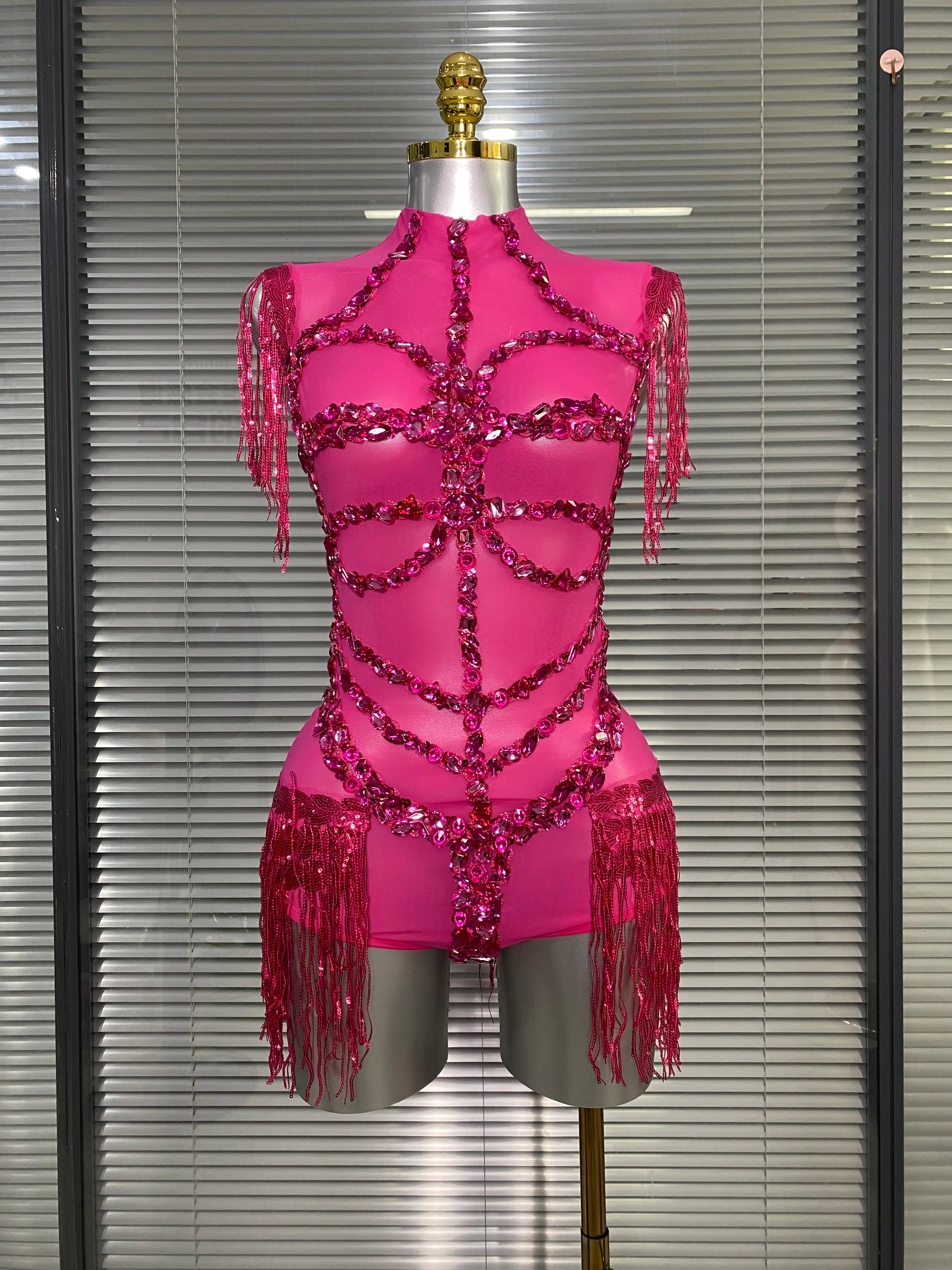 Summer New Women Sexy Black Tassel Crystal Diamonds Stretchy Night Club See Through Singer Dancer Stage Costume Party Bodysuit