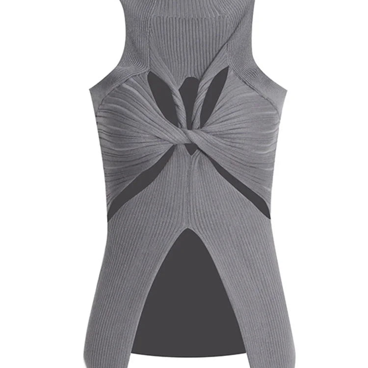 TWOTWINSTYLE Regatas de tricô vazadas e lisas para mulheres, gola alta, sem mangas, ombro de fora, coletes finos, roupas femininas da moda