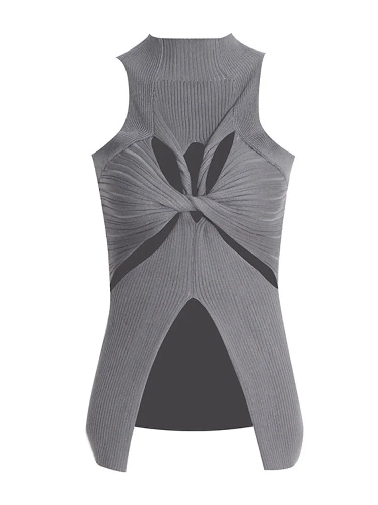 TWOTWINSTYLE Regatas de tricô vazadas e lisas para mulheres, gola alta, sem mangas, ombro de fora, coletes finos, roupas femininas da moda