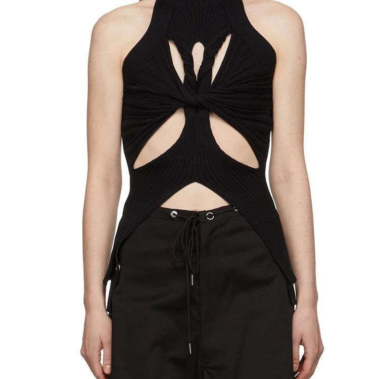 TWOTWINSTYLE Regatas de tricô vazadas e lisas para mulheres, gola alta, sem mangas, ombro de fora, coletes finos, roupas femininas da moda