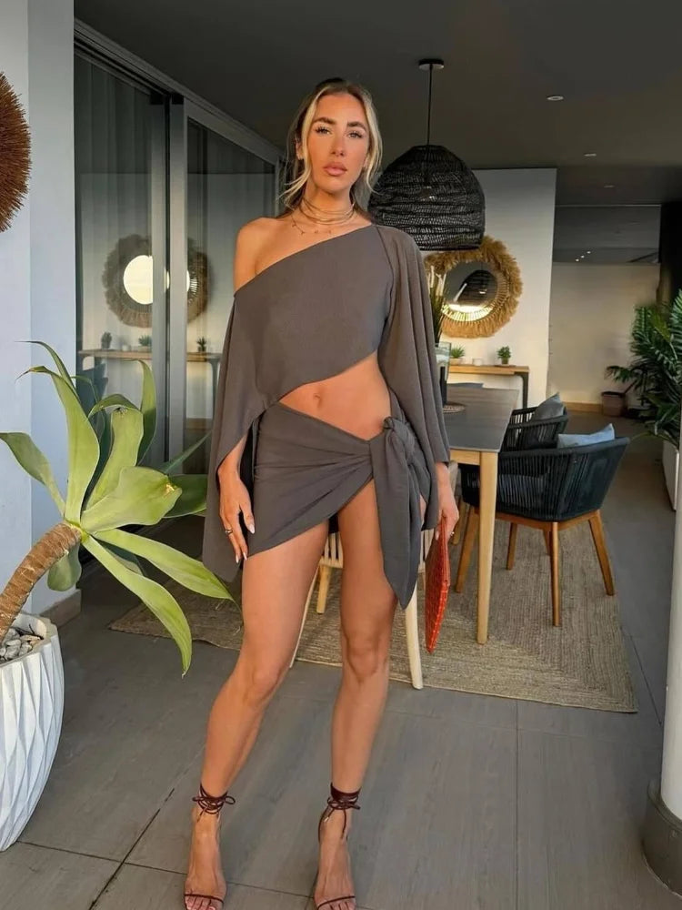 Conjunto feminino de 2 peças, blusa curta de manga longa de algodão e linho, peça única, minissaia com nó torcido, traje de verão para mulheres, roupas de rua