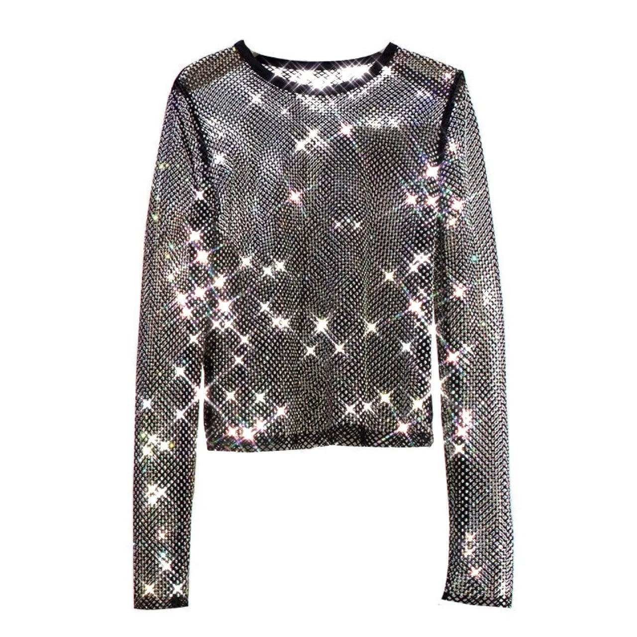 New Ladies Temperament Rhinestone Round Neck Long Sleeve Bright Summer Starlight Hollow Shiny Bottoming Shirt Women's Top Trend