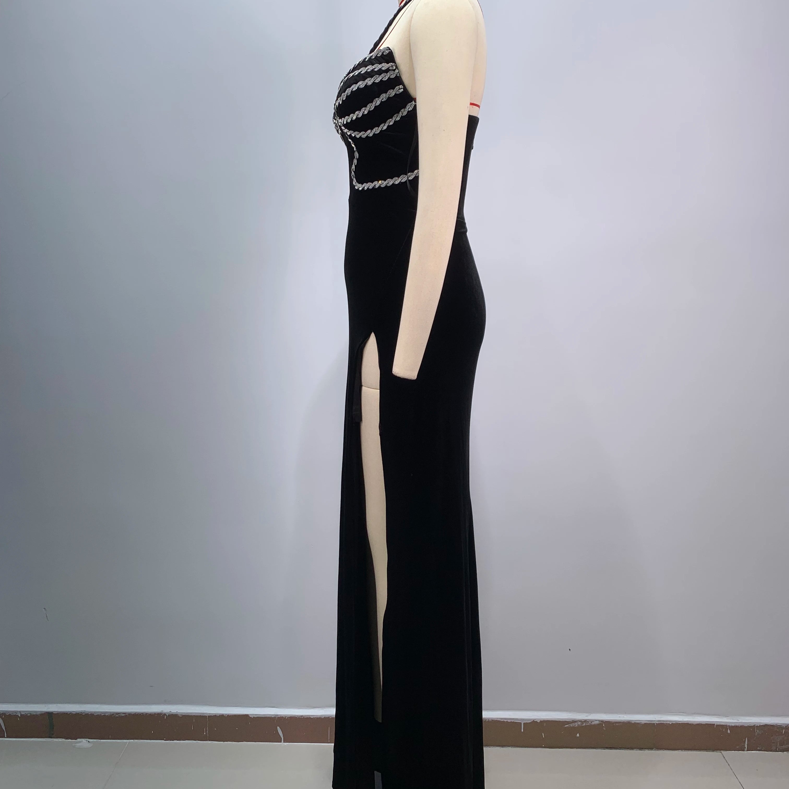 Top Women Sexy Halter Off the Shoulder Shinning Crystal Velvet Bodycon Long Dress High Split Fashion Evening Party Dress