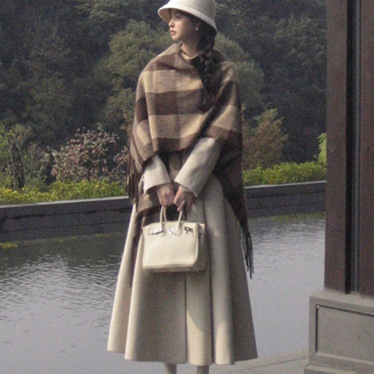 Winter Long Wool & blends Coat for Women Chic Luxury Elegant High Quality Womans Clothing Skirted Woolen Overcoat 2024