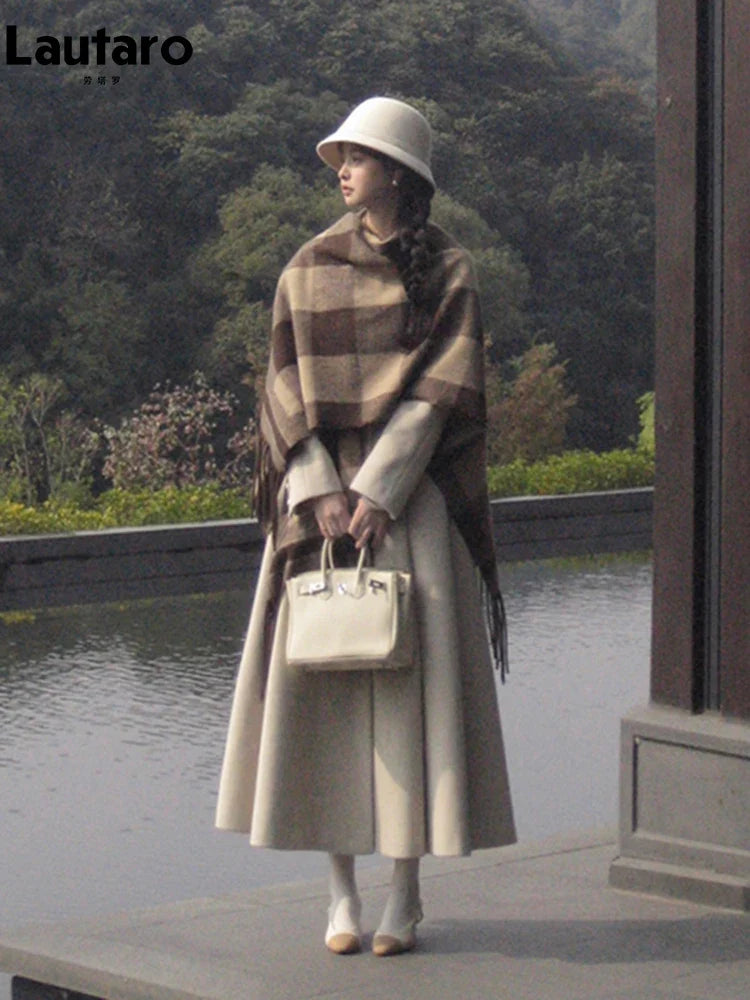 Winter Long Wool & blends Coat for Women Chic Luxury Elegant High Quality Womans Clothing Skirted Woolen Overcoat 2024