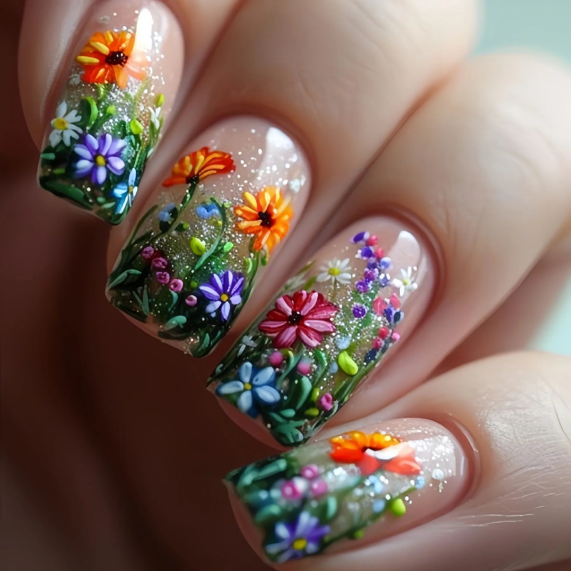 24pcs/set short medium long fake nails Spring flowers flora for St. Patrick's Day faux ongles press on acrylic false nail art