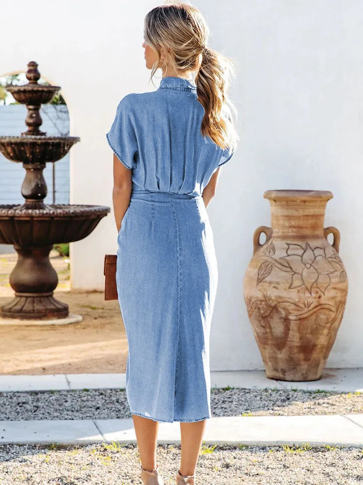 Summer For Women's Denim Blue Shirt Dress Vintage Fashion Button Lapel Wrinkle Lace Up Slim Elegant Female Denim Mid Long Dress