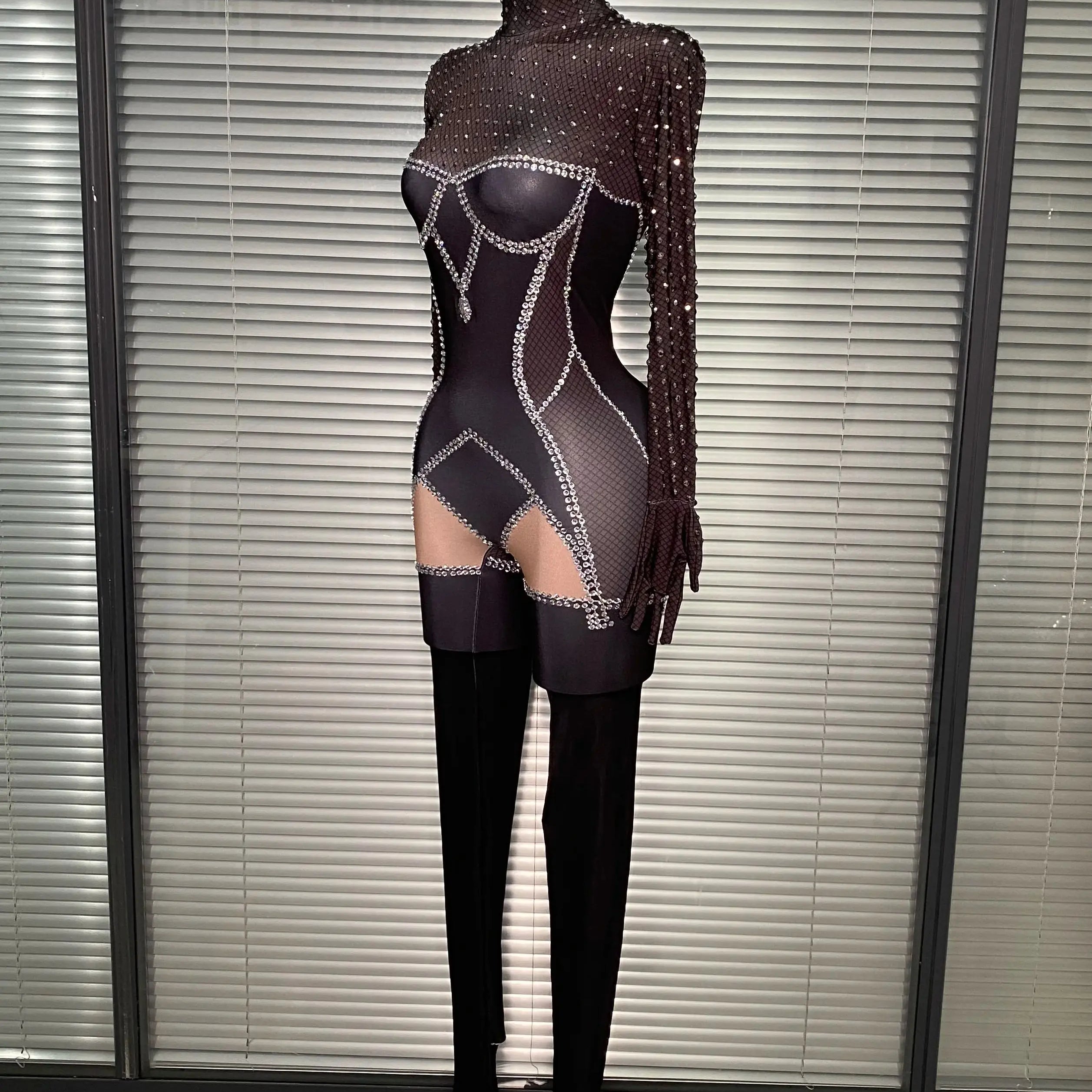 Summer New 2025 Women Sexy Crystal Black Long Sleeve Bodycon Jumpsuit Celebrity Designer Dancer Night Club Rompers