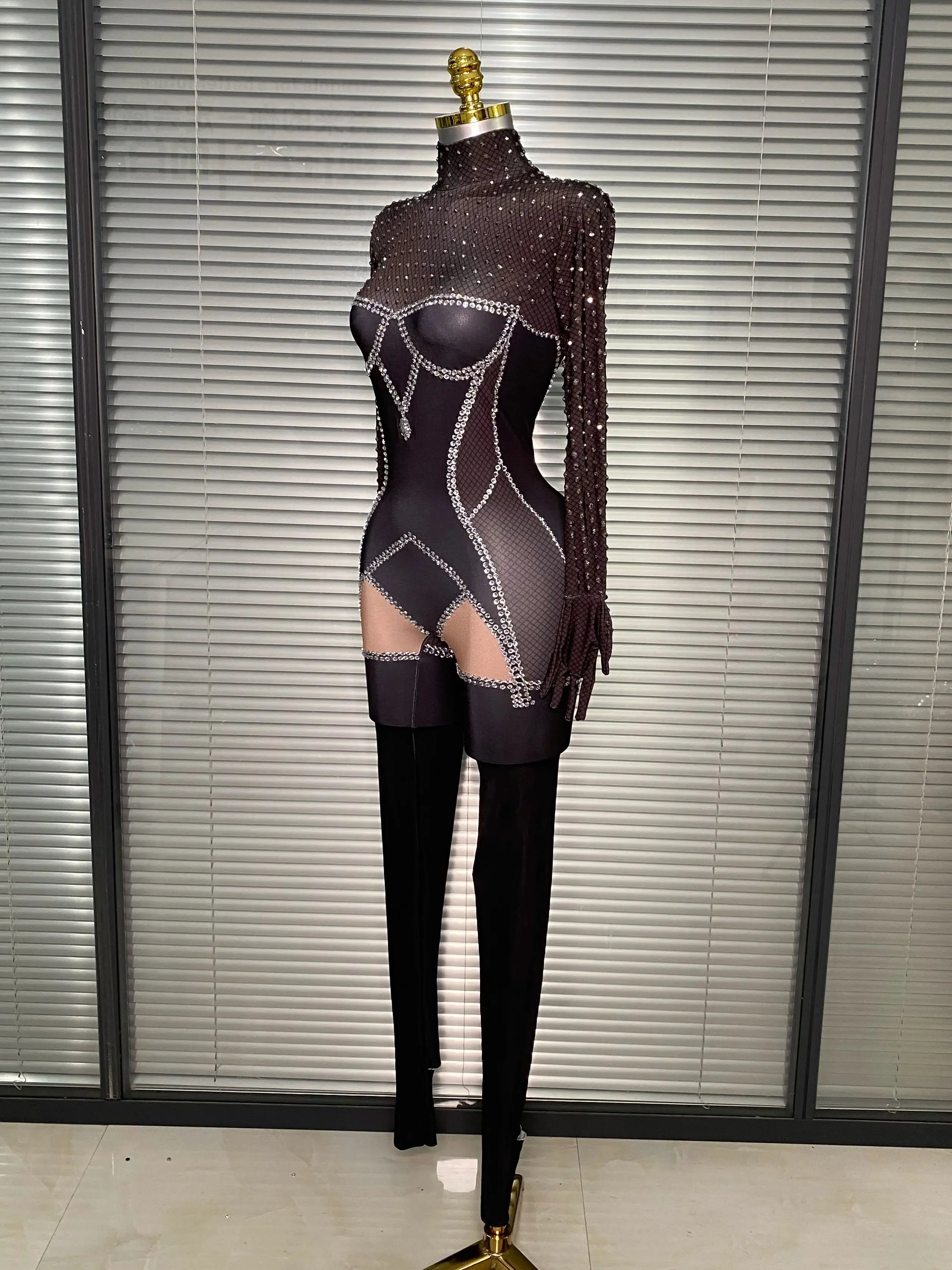 Summer New 2025 Women Sexy Crystal Black Long Sleeve Bodycon Jumpsuit Celebrity Designer Dancer Night Club Rompers