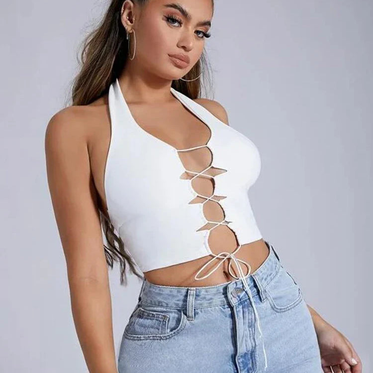 Lace Up Front Crop Halter Top Sleeveless Lace up Top Cutout Front Cami Tank