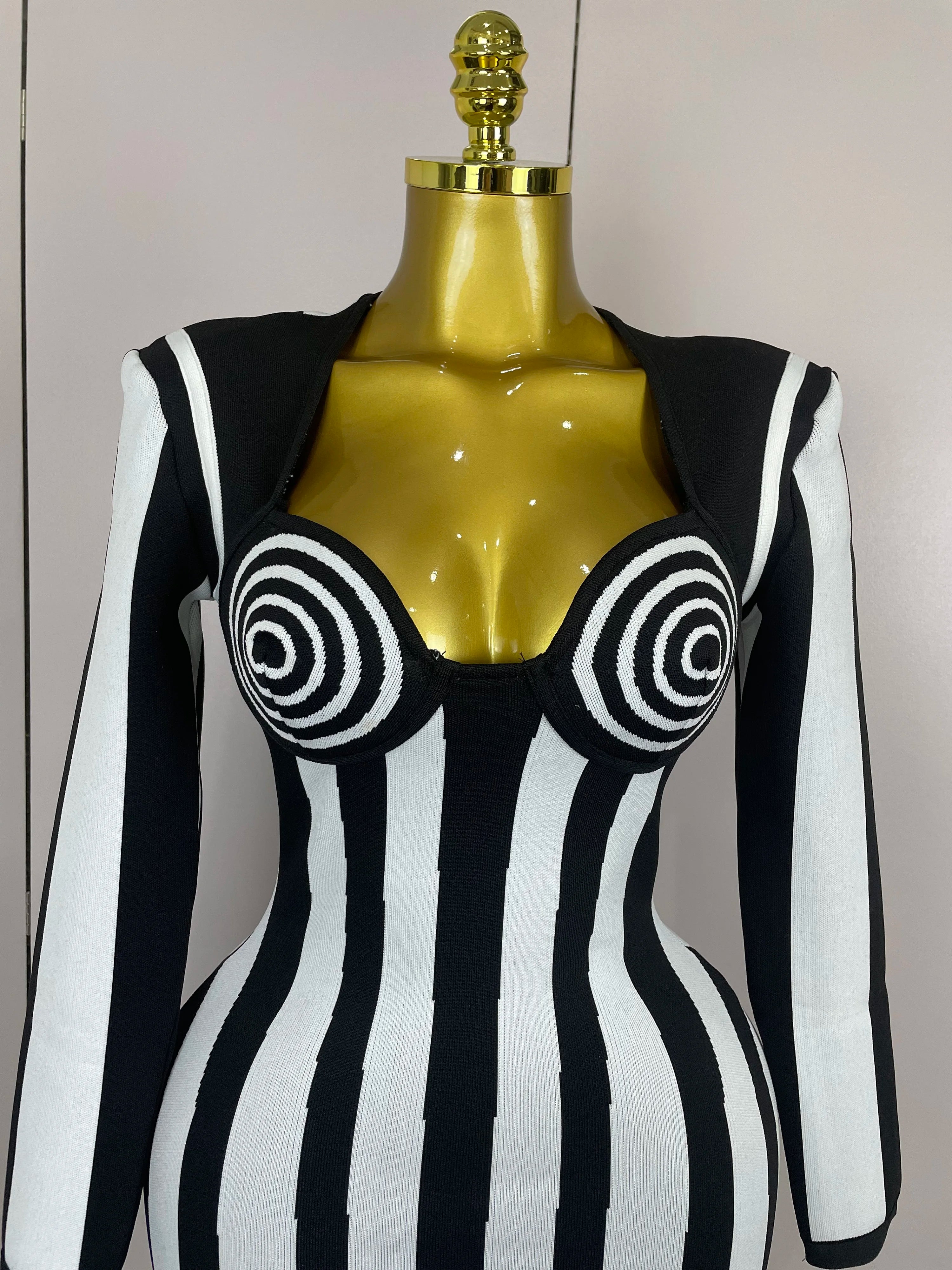 Vestido de bandagem luxuoso, sexy, de manga comprida, listrado, preto e branco, feminino, de malha, elegante, para noite, para clube, aniversário, 2025