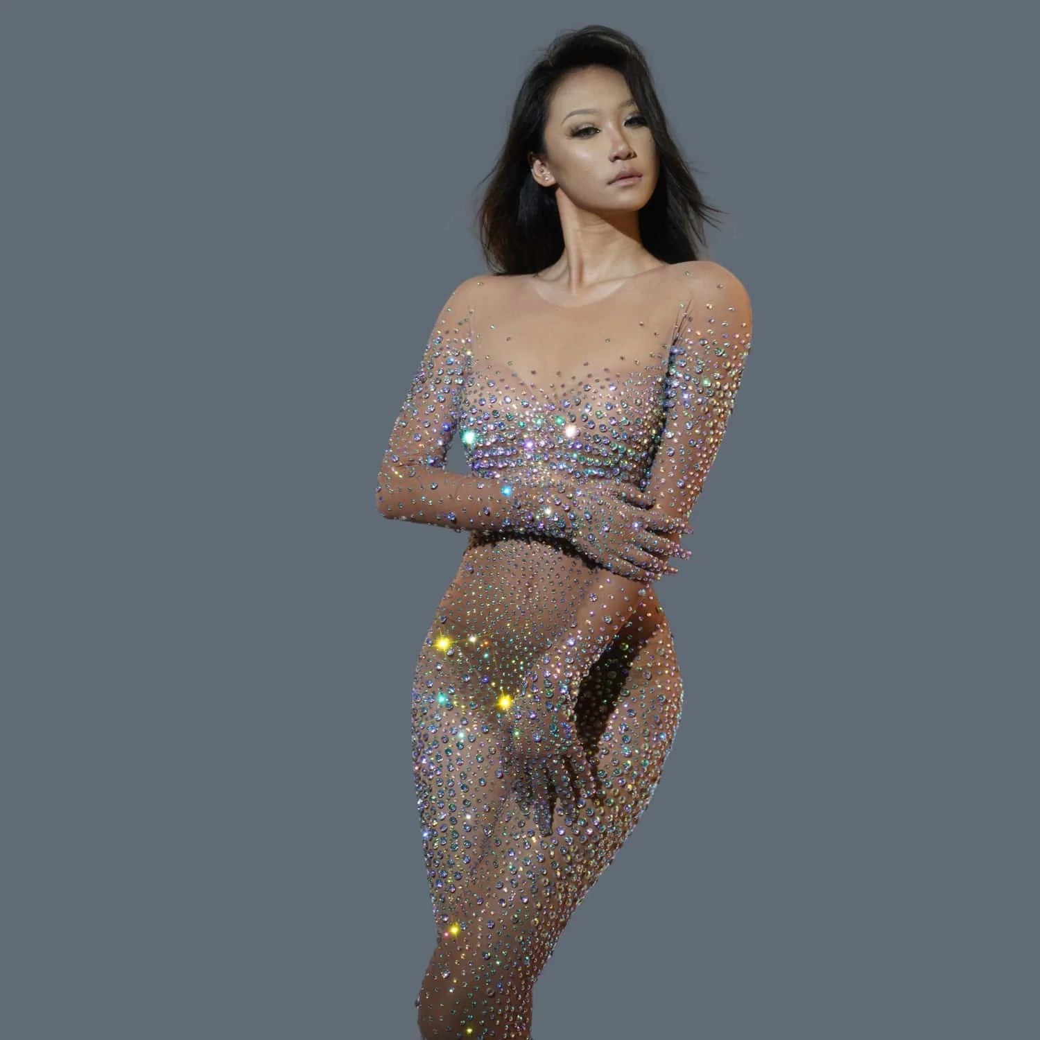 Women Sexy Diamond Shiny Stretch Tight Jumpsuit Party Bar Nightclub DJ Female Singer Stage Performance Clothing Tiaotiaotang