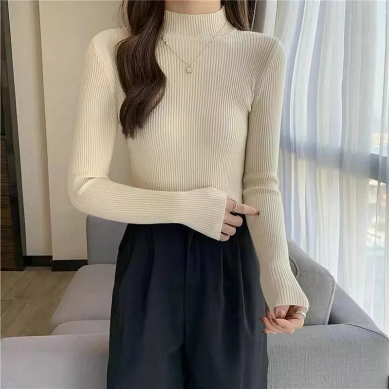 Winter Turtleneck Women's Sweater Knitted Pullover Soft Slim Long Sleeve Top Solid Color Basic High Neck Jumper Woman Clothing B-half neck-apricot One Size(40-65kg)