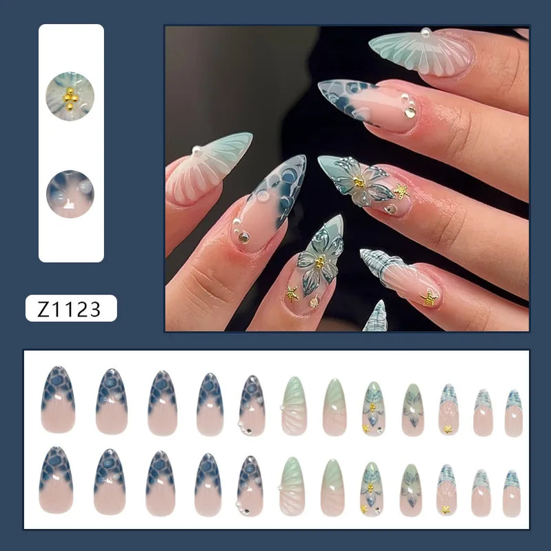 24pcs Pink Flower Press on Nails Ins Sweet Petals Print False Nails for Girl Wearable Reusable Fashion Almond Fake Nail Tips