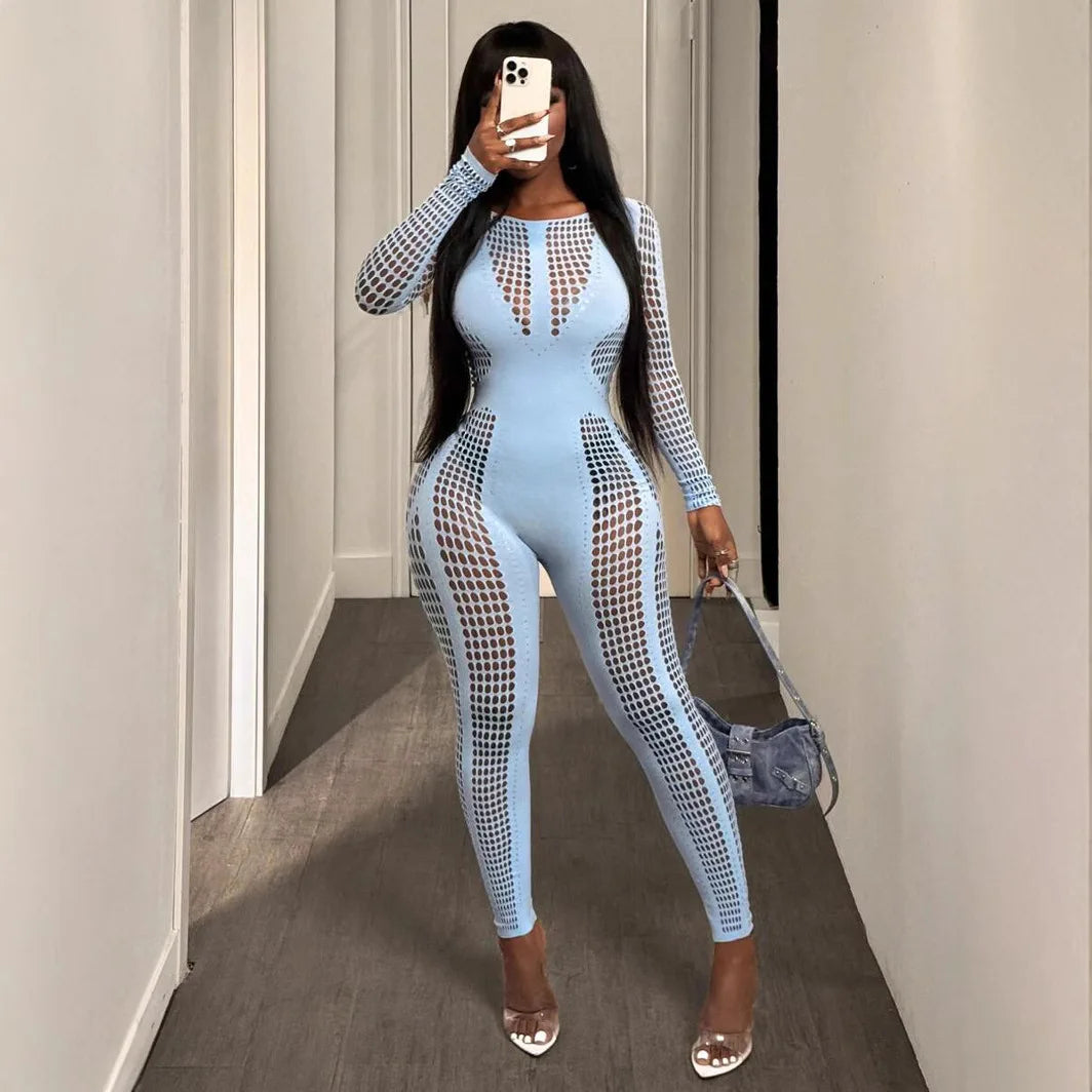 CM.YAYA 2025 O-neck Full Sleeve Women Mesh Hollow Out Jumpsuits Casual Night Club Sexystreet Sexy Perspective Outfits Rompers