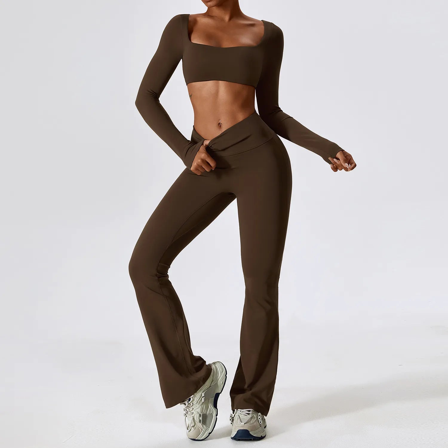 Yoga Set 2PCS Seamless Women Sportswear Workout Clothes Athletic Wear Gym Legging Fitness Bra Crop Top Long Sleeve Sports Suits Jiaocha Coffee Set-3 CHINA