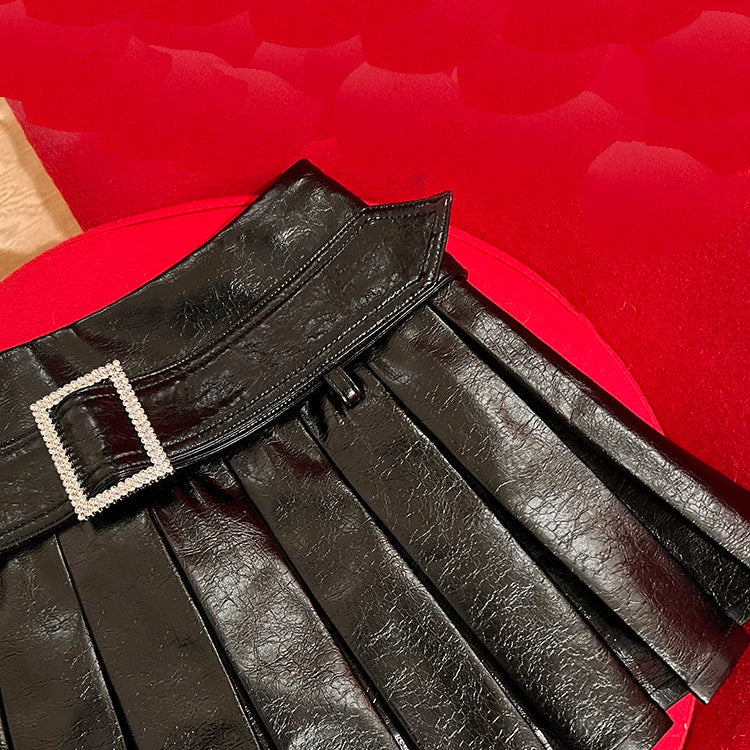 Spring Summer Black Shiny Patent Pu Leather Mini Pleated Skirt Women Belt High Waist Short Luxury Designer Y2K Clothes