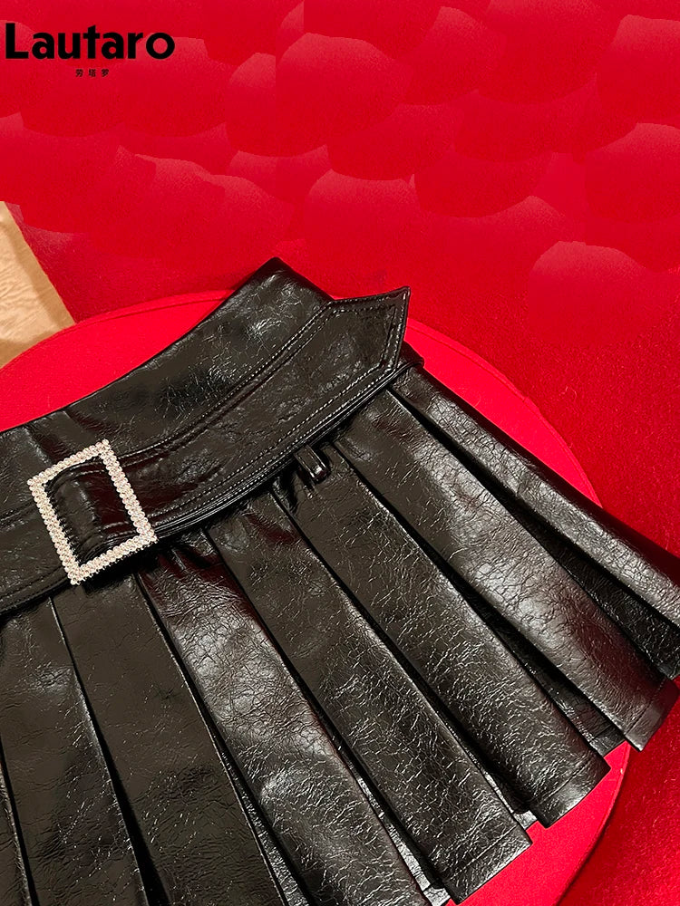 Spring Summer Black Shiny Patent Pu Leather Mini Pleated Skirt Women Belt High Waist Short Luxury Designer Y2K Clothes