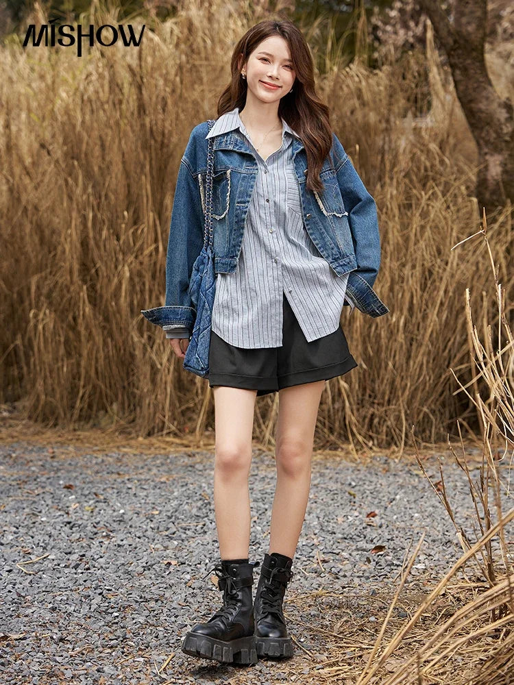 Women's Denim Coat with Raw Edge Autumn Korean Loose Pocket Embroidery Polo Neck Streetwear Casual Jacket