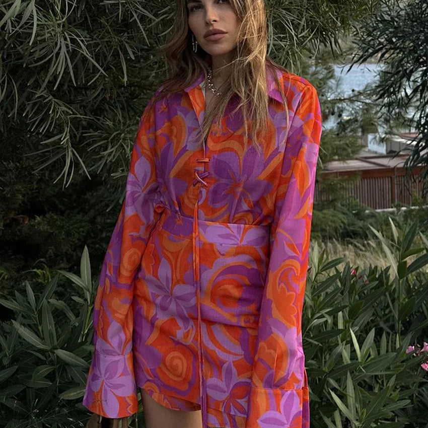 Clacive Fashion Loose Print 2 Piece Sets Women Outfit Elegant Long Sleeve Shirt With High Waist Mini Skirts Set Streetwear