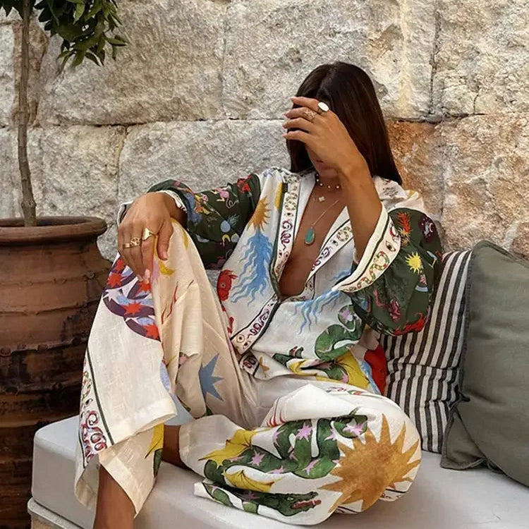 Stylish Printed Trousers 2 Piece Set Women's Casual Lapel Single Breasted Shirt Wide Leg Pant Sets Women Pomesia Vacation Suit