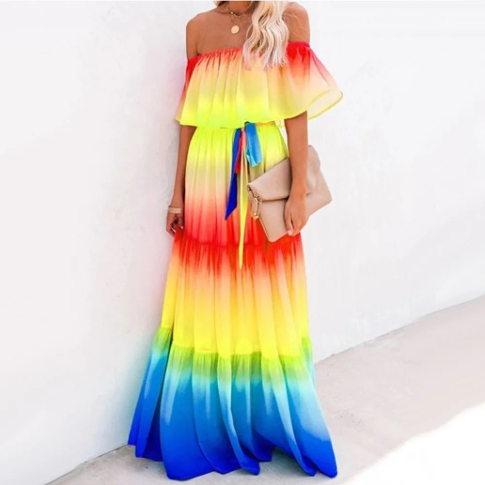 Multicolored Bohemian Ruffled Off Shoulder Self Belted Party Dress Cotton Tunic Women Boho Maxi Dresses Vestidos A324 Gold