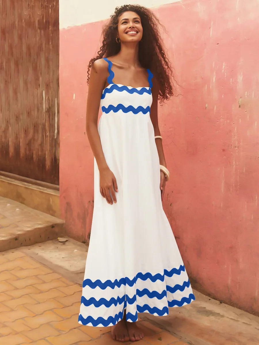 Striped O Neck Printed Long Maxi Dress Women Fashion Sleeveless Streetwear Female Loose Beach Holiday Vestidos Robes