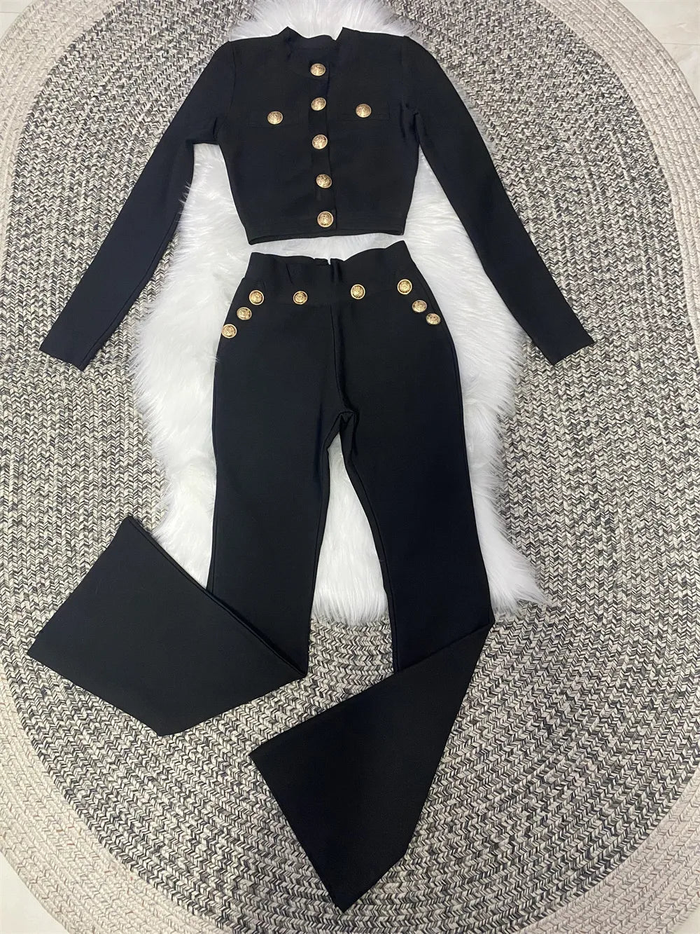 New Autumn Style Black Color Women Fashion Office Lady Slim Coat Pants Set Rayon Bandage Celebrate Evening Party Women's Set