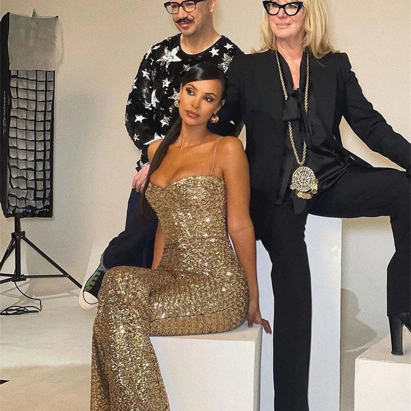 High Quality Gold Shining Sequins Spaghetti Strap Flare Pants Jumpsuit Fashion's Sexy Woman Party Outfit Cocktail Party Vestido