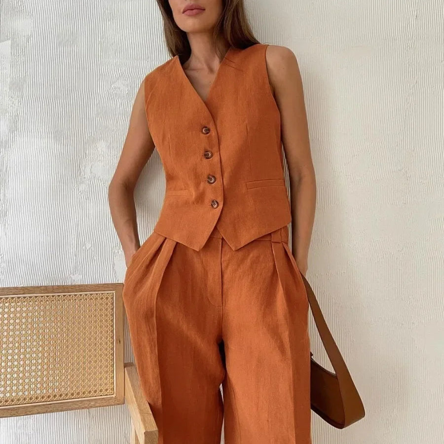 Wolfeel Womem Linen Cotton Chic Vest & Pants Suit Two-Piece Set Office Ladies Summer Chic 2 Piece Sets Womens Outfits