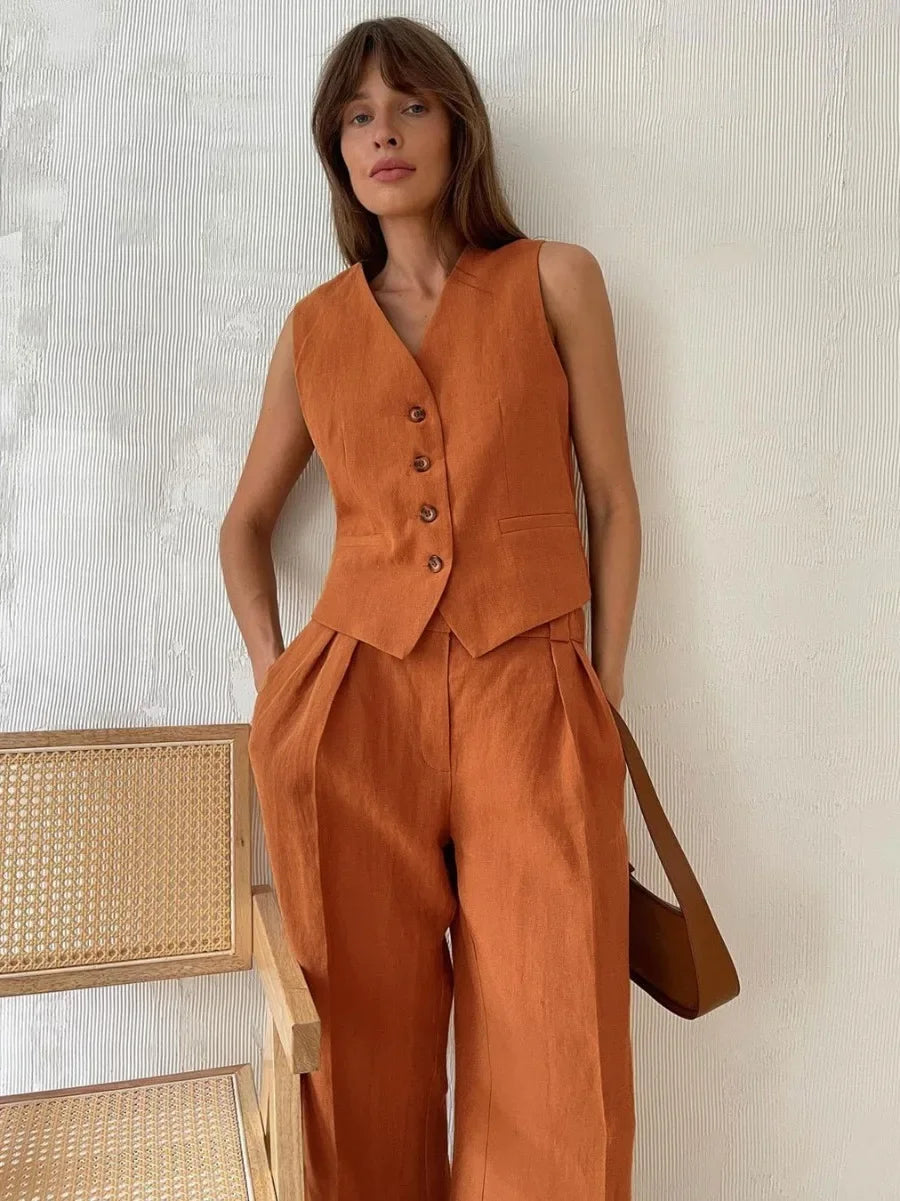Wolfeel Womem Linen Cotton Chic Vest & Pants Suit Two-Piece Set Office Ladies Summer Chic 2 Piece Sets Womens Outfits