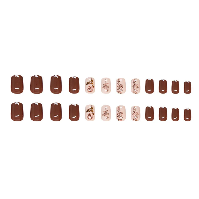 24pcs Simple Brown Rose Press on Nails Solid Color Lines Fake Nail Tips Women Wearable Cover Fashion Short Side False Nails