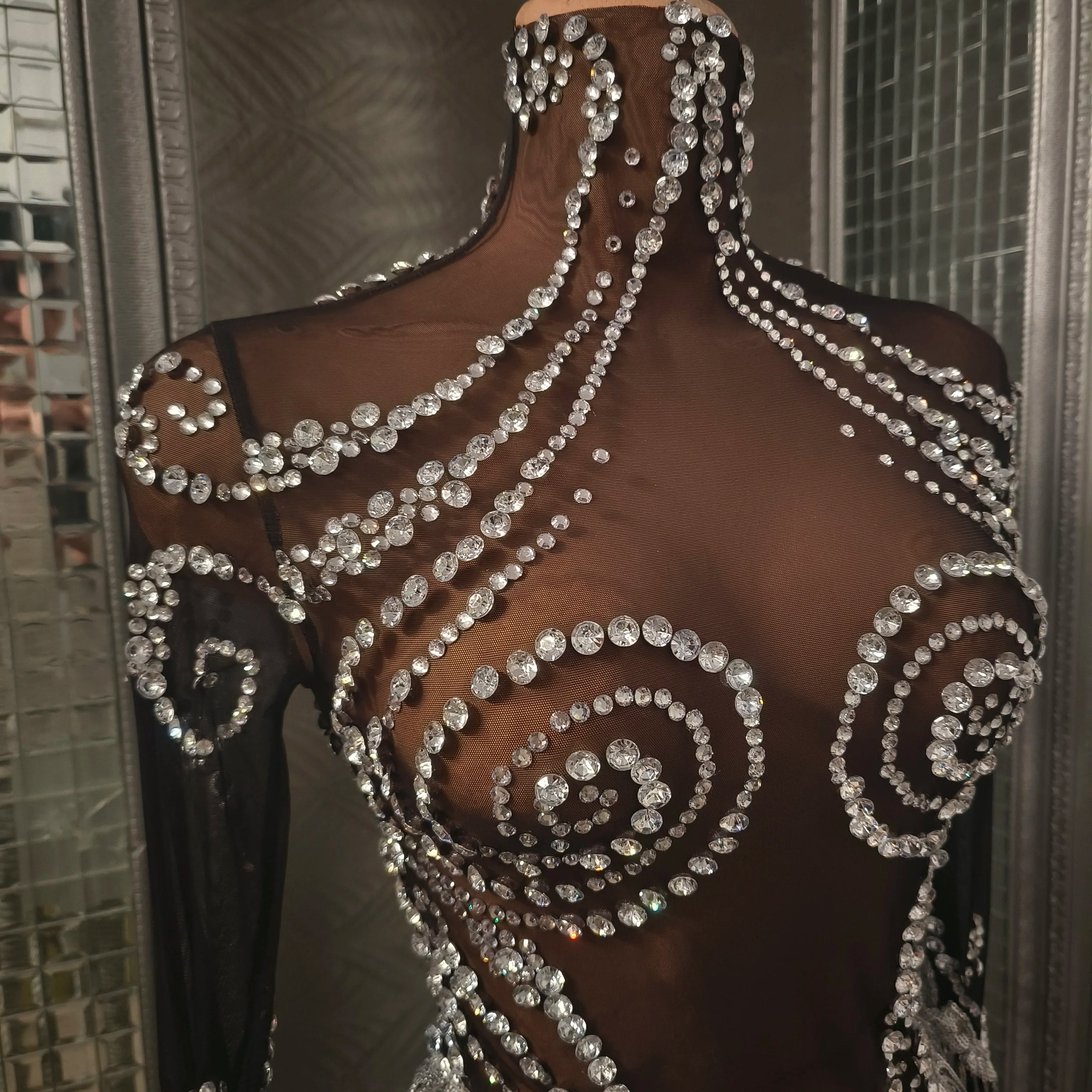 Women Sexy Mesh Silver Black Crystal Stretchy Night Club See Through Singer Dancer Tassel Stage Costume Mini Party Dress