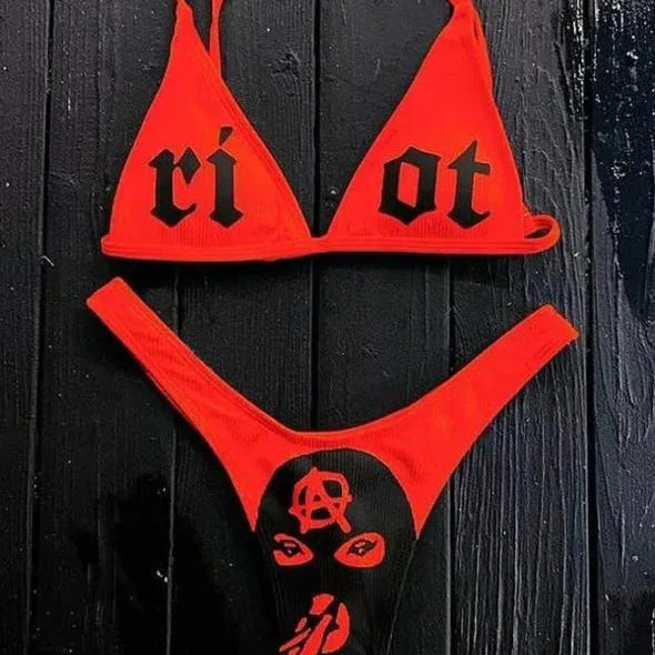 Sexy Goth Bikini 2023 Women Letters Skull Print Swimsuit Split Bathing Suit High Waist Gothic Bikinis Sets Beach Outfits 13