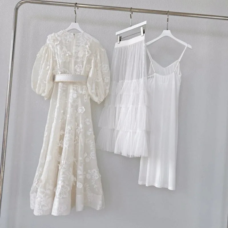 Women Dresses Party Holiday Luxury Top Qaulity 3-piece White O-neck Half Sleeve A-line Long Dress with Belt Australian Designer