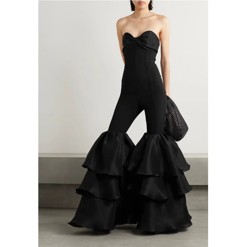 New Arrival Stylish Flare Pants Strapless Black Bandage Jumpsuit Woman Fashion Party Outfit Nightclub Performance Costume