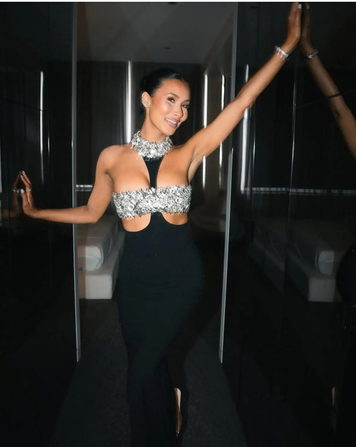 Luxury Shining Diamonds Sexy Hollow Out Halter Sheath Black Ankle Length Dress Party Dress Celebrity Birthday Vestido