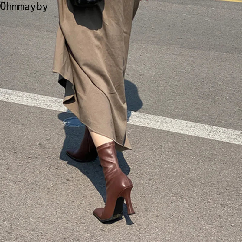 Black Women Ankle Boots Woman Thin High Heel Fashion Pointed Toe Zipper Winter Women's Shoes Leather White Short Booties