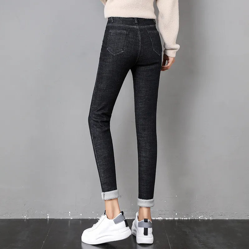 Fashion Stretch High Waist Pencil Pants Female Casual Velvet Jeans Womens Jeans Thick Women Pants