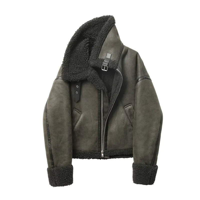 Autumn Winter New Women's Thickened Warm Double-Sided Short Jacket Femal Brown Coat Green
