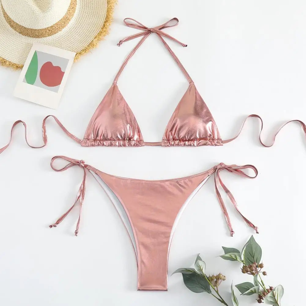 Bikini Women Swimsuit New Gold Halter Lace Up Bikinis Set Sexy Swimwear Beach Cover Up 2 Piece Beach Bathing Suit Female