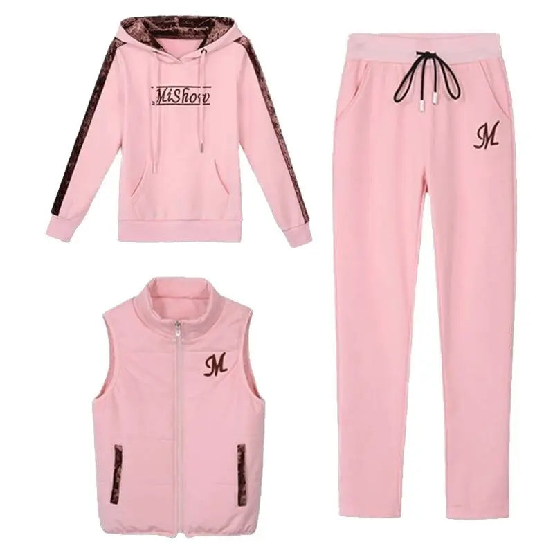 Women's Autumn Winter Suit Plush Thickened Hooded Tops Waistcoat Pants 3 Three Piece Sets Fashion Plus Size Women Clothing
