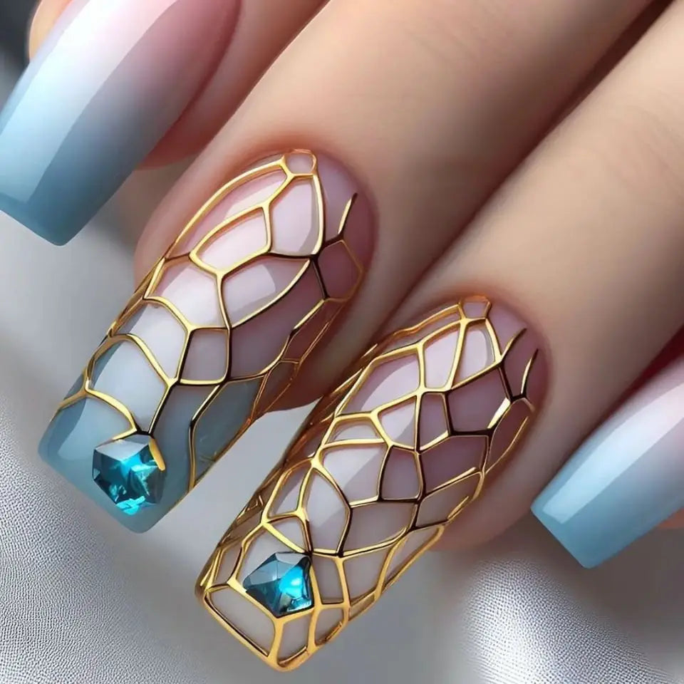 24pcs/set Medium long fake nail tips for women colorful gradient glitter starry design for Spring Summer press on false nail art