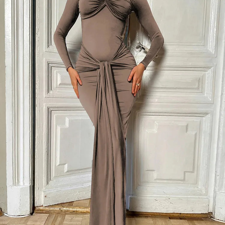 Women Celebrity Sexy O Neck Long Sleeve Gray White Maxi Long Gowns Dress 2024 Elegant Evening Party Club Vestido
