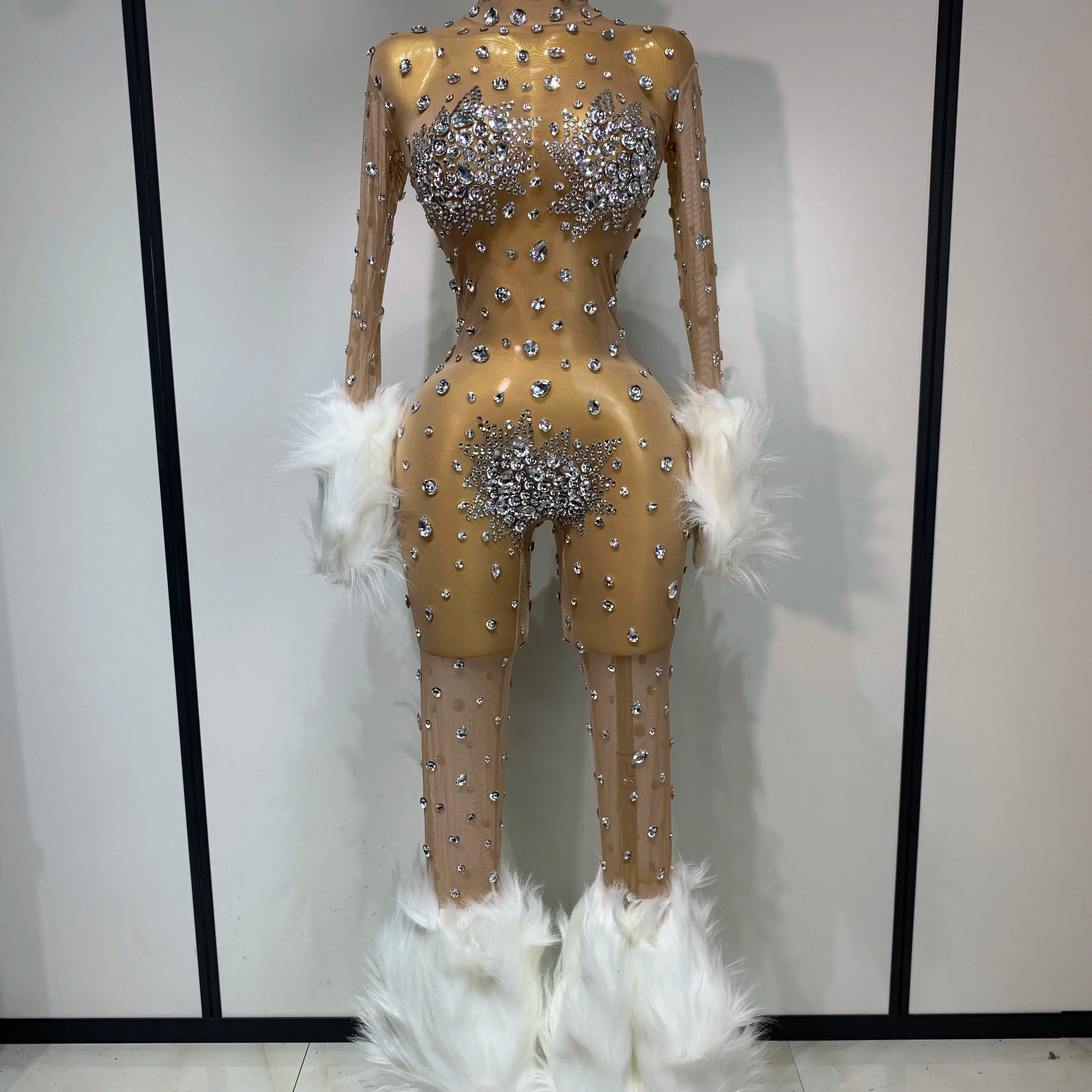 Shiny Diamond Mesh See Through Bodycon Jumpsuit Women Sexy Long Sleeve Performance Singer Costume Nightclub Stage Outfit
