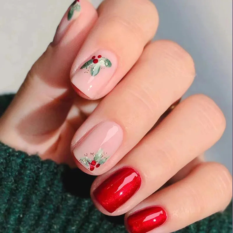 24Pcs Round Head Fake Nail with Leaf Design Short Red False Nails Wearable French Finished Press on Nails Full Cover Nail Tips